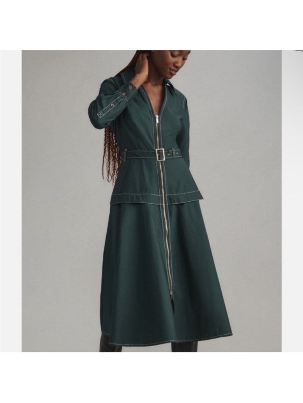 Anthropologie Long-Sleeve Belted Front-Zip Midi Dress - Picture 2 of 7